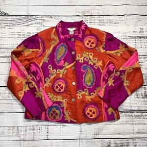 Vtg Sandy Starkman Jacket M Boho Button Silk Blend Pink Neon Bright Embroidered
